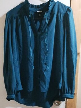 DKNY Teal Ruffle-Trim Button-Down Shirt